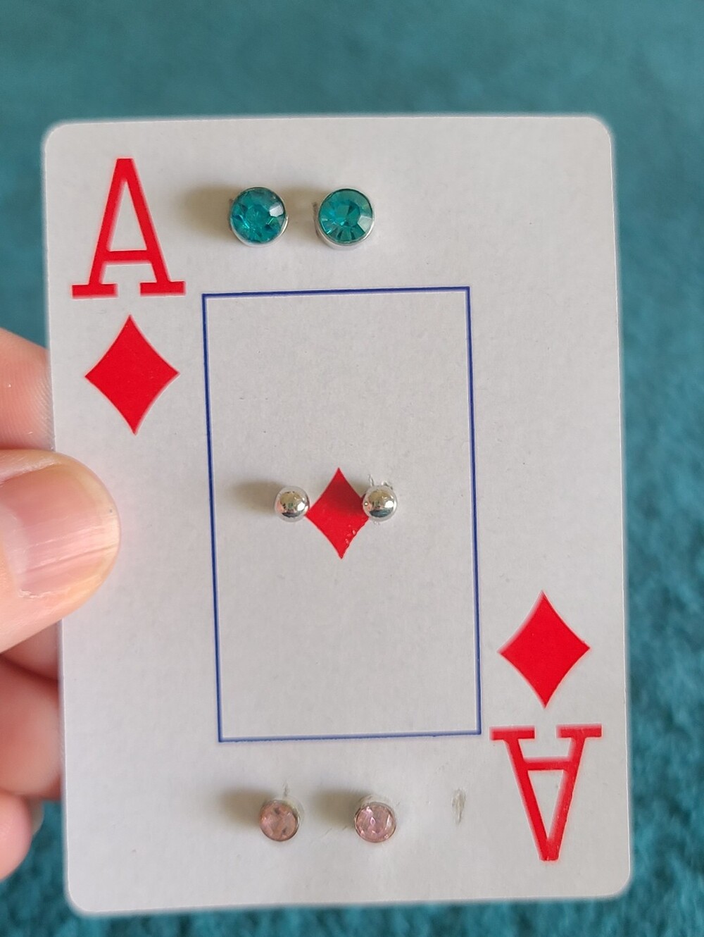 Set of Three Stud Earring Pairs - Teal, Silver, Light Pink